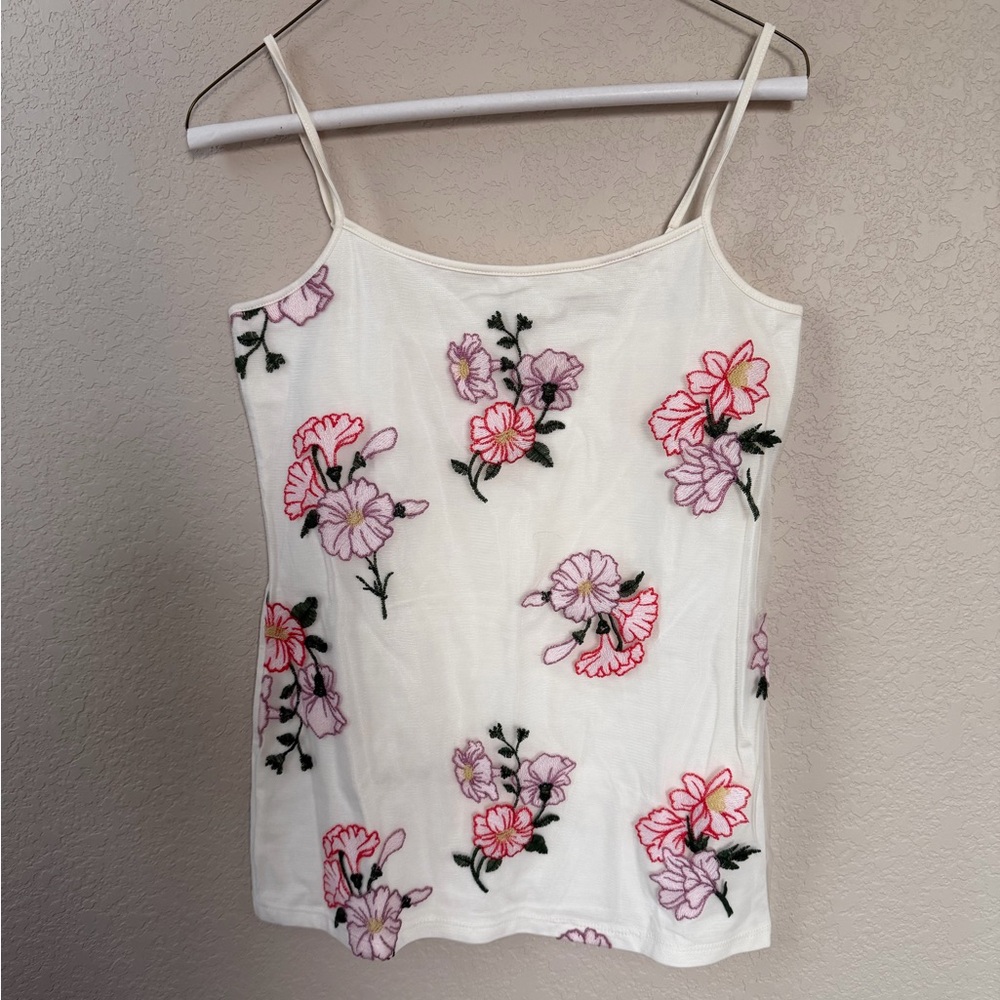 Ann Taylor White Camisole with Pink Floral Embroidery